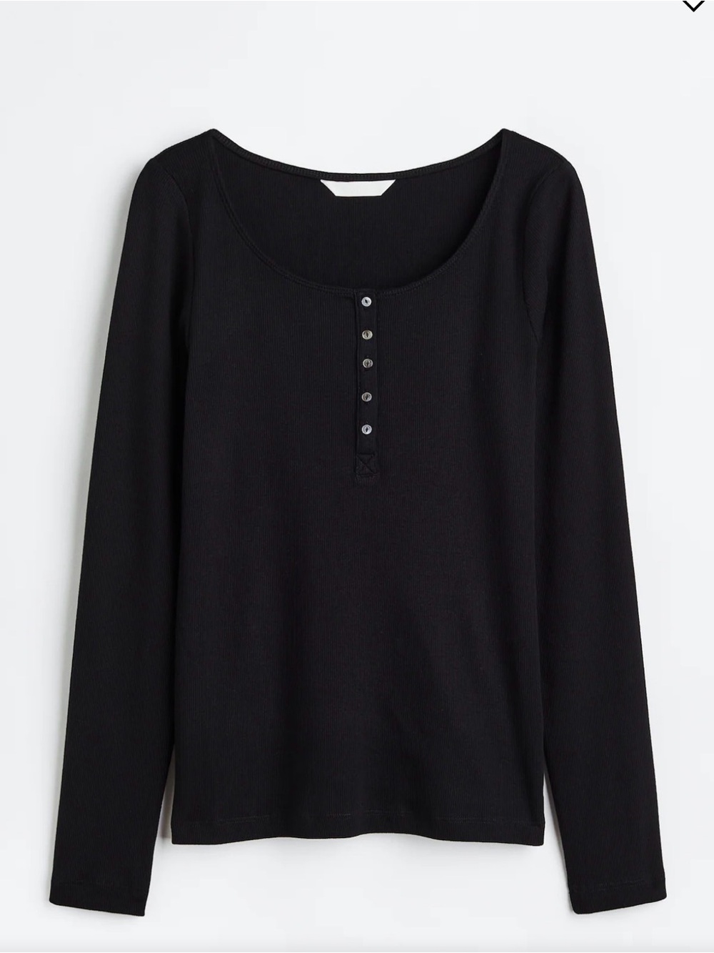 H&M Women’s Large Black Ribbed Henley Top Long Sleeve Button Front Cotton